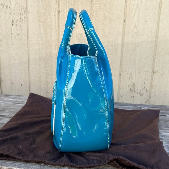 Unused Kate Spade Teal Patent Leather Satchel Bag Structured White Stitching - Picture 3 of 12
